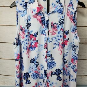 Elle White Sleeveless Blouse with Blue and Pink Floral Print